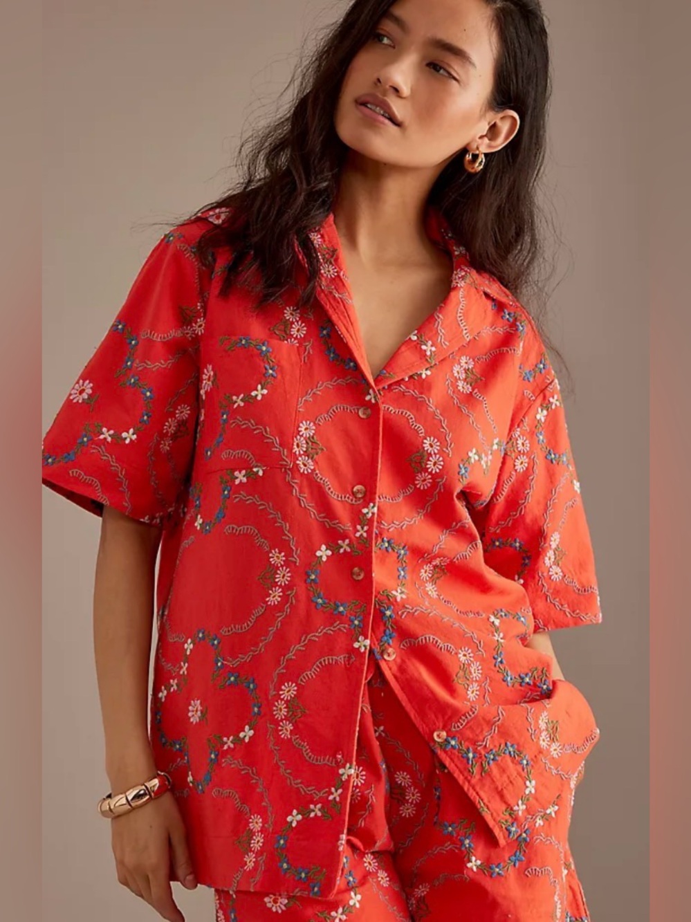 Damson Madder Coral Floral Short-Sleeve Button-Down Shirt for women size 14